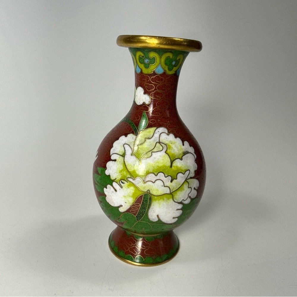 Vtg Floral Cloisonné Vase with brass Accents 4”